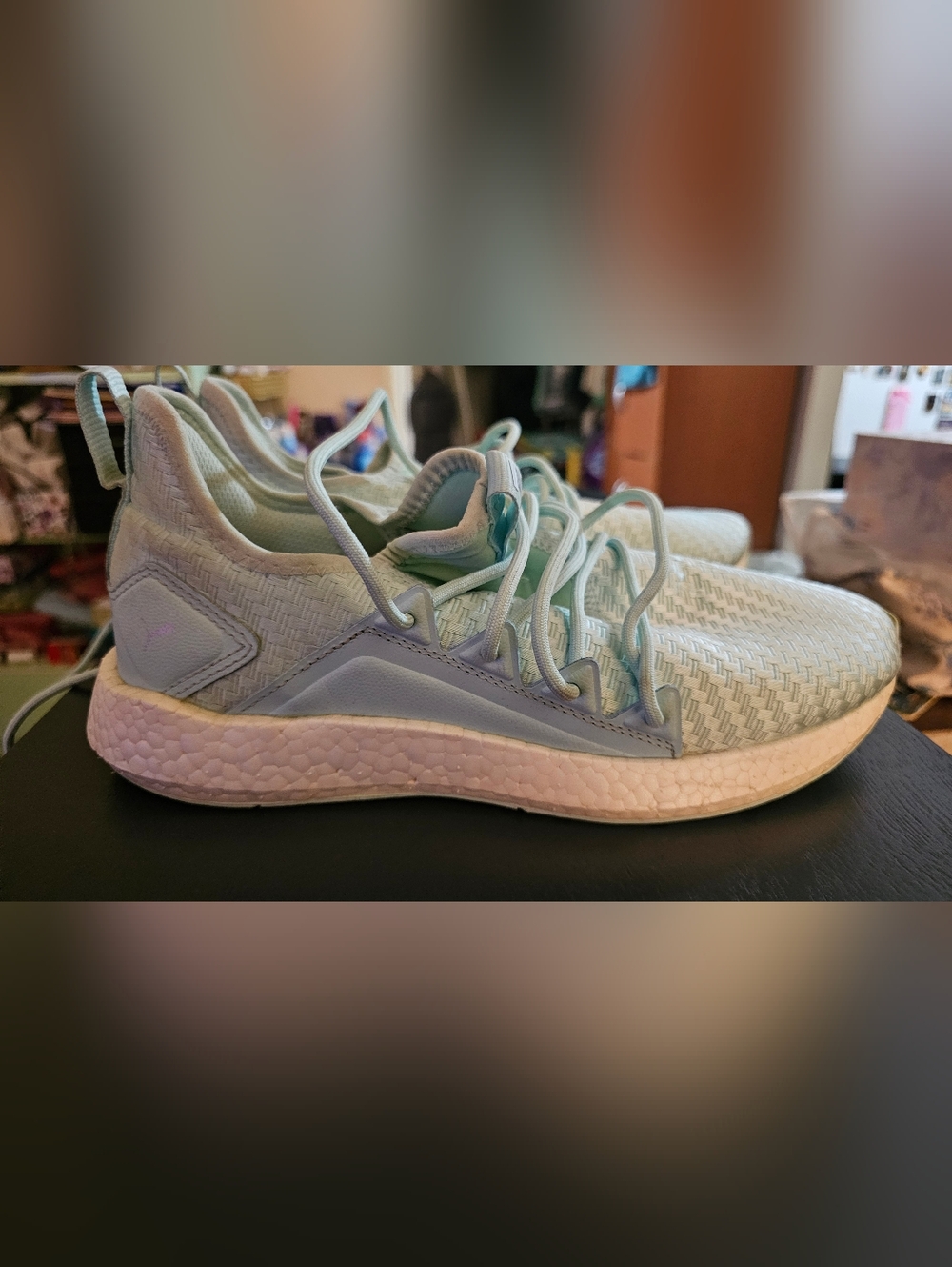 Puma Light Blue Mint and White Knit Running Shoes